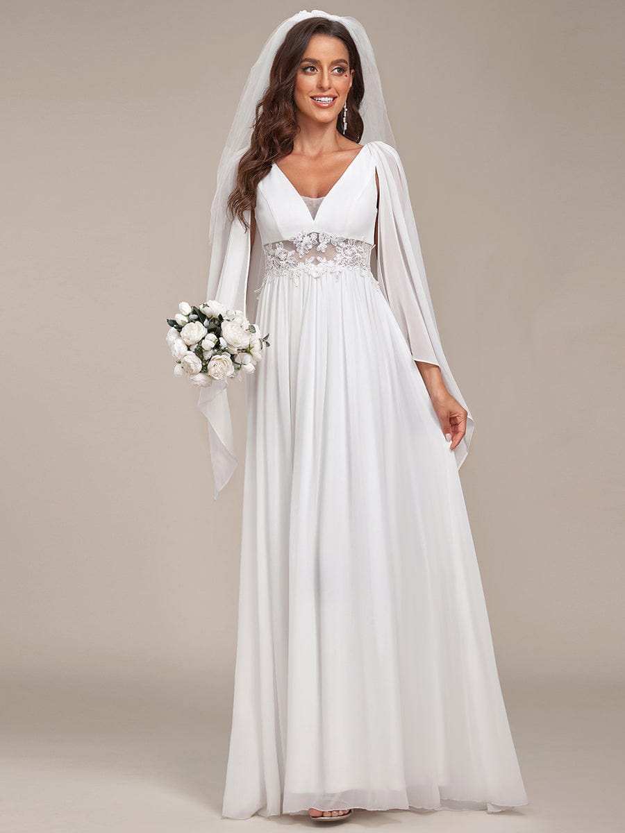 Deep V Neck Applique Long Split Wedding Dress #color_Cream