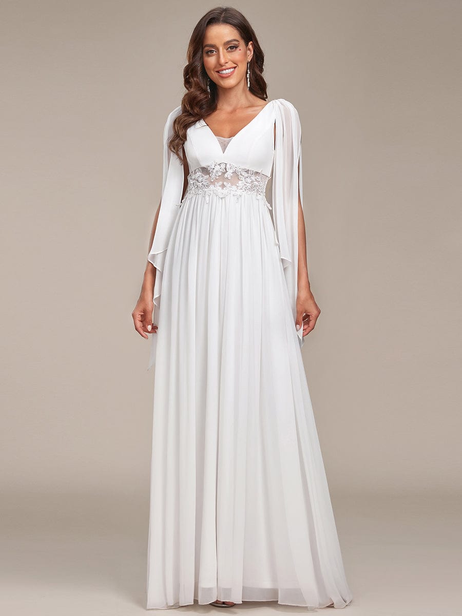 Deep V Neck Applique Long Split Wedding Dress #color_Cream