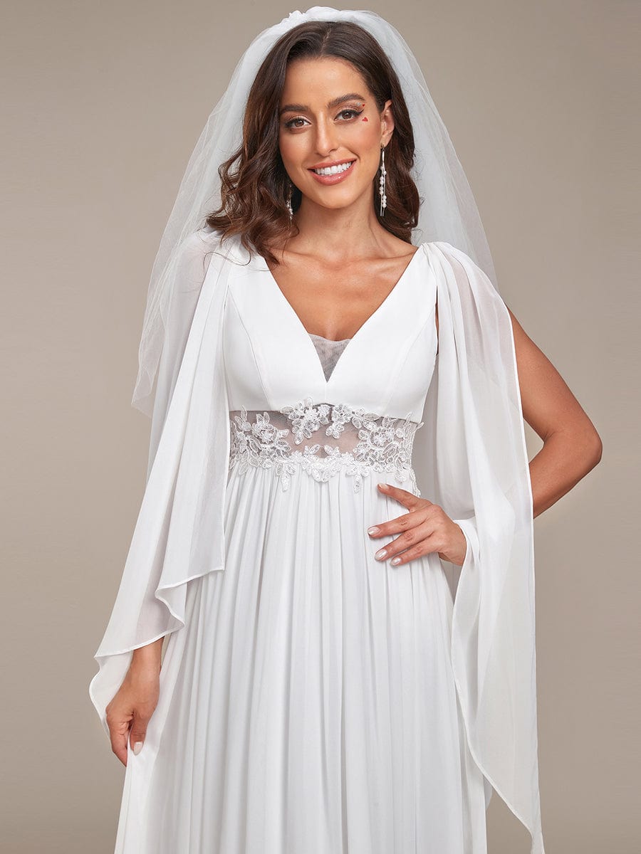 Deep V Neck Applique Long Split Wedding Dress #color_Cream