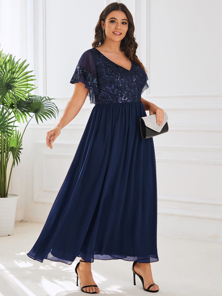 Plus Size V-Neck Short Sleeve Sequin Bodice Mother of the Bride Dress #Color_Navy Blue