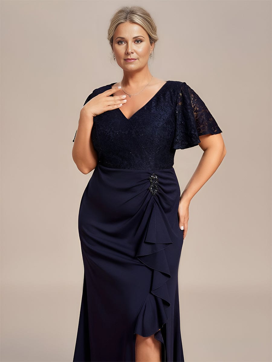 Plus Size Ruffles Sleeve Lace Top Mother of the Bride Dress #color_Navy Blue