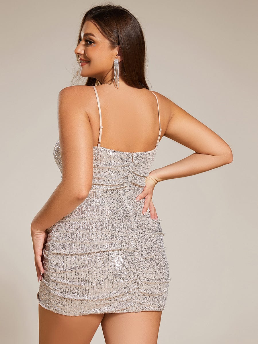 Sparkling  Sequin Spaghetti Straps V-Neck Mini Party Dress #color_Champagne