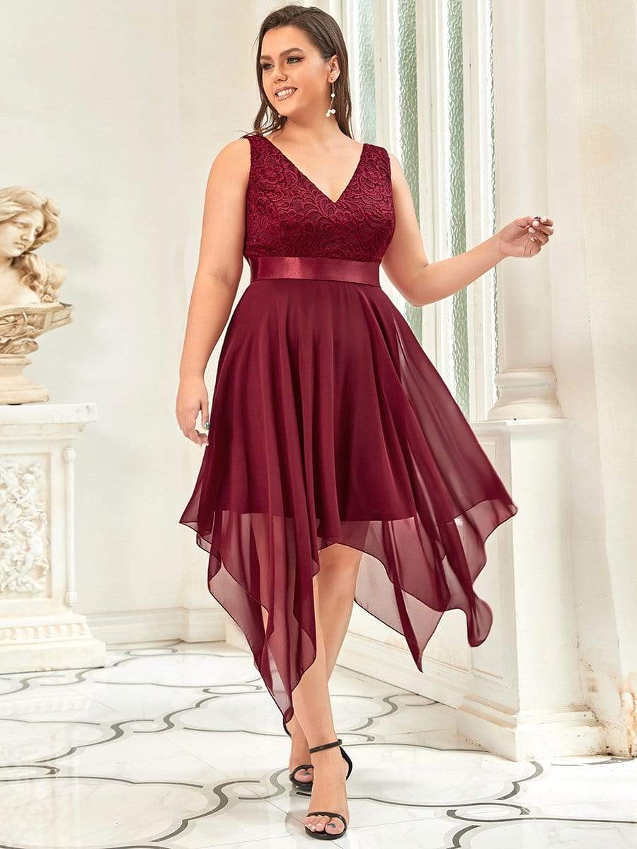 Stunning V Neck Lace Chiffon Bridesmaid Dress #color_Burgundy