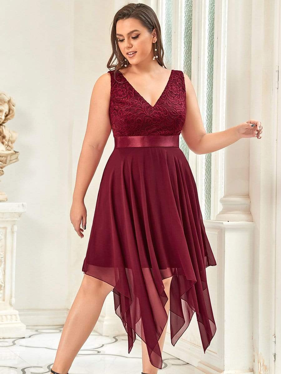 Stunning V Neck Lace Chiffon Bridesmaid Dress #color_Burgundy