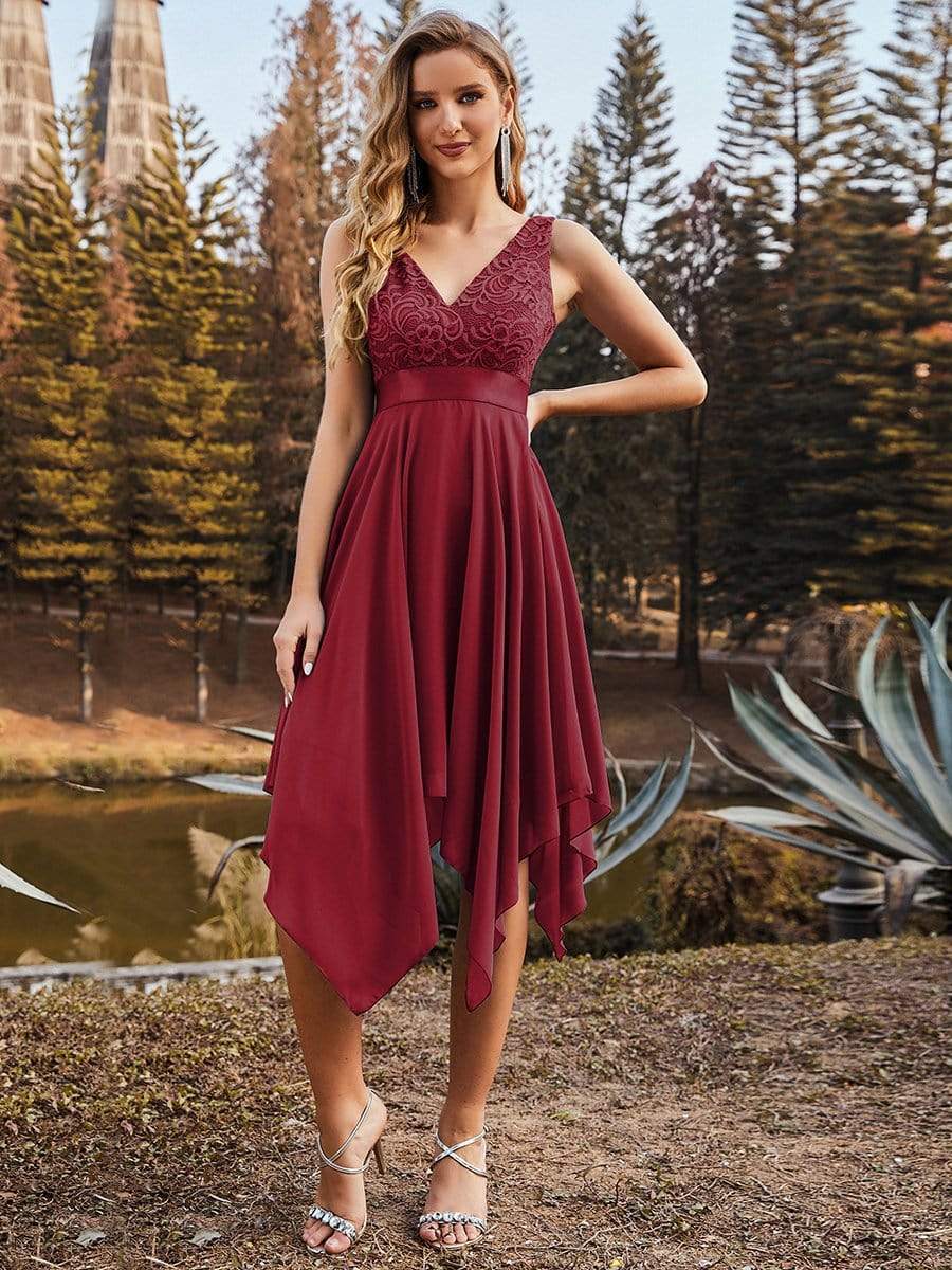 Custom Size Stunning V Neck Lace Chiffon Bridesmaid Dress #color_Burgundy