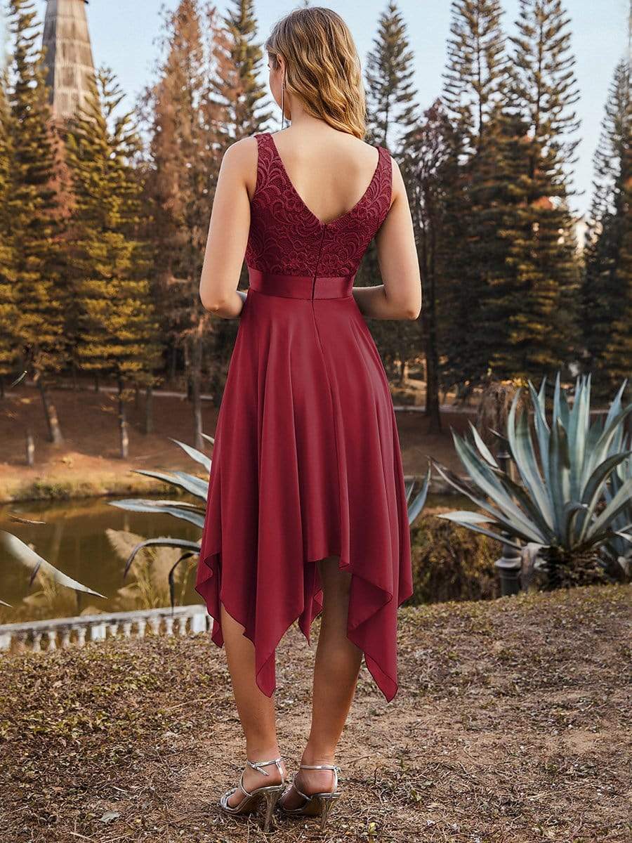 Custom Size Stunning V Neck Lace Chiffon Bridesmaid Dress #color_Burgundy