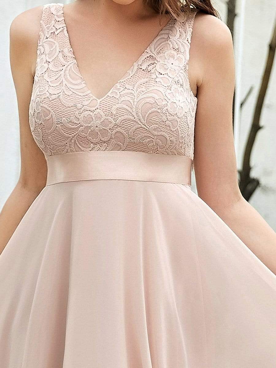 Stunning V Neck Lace Chiffon Bridesmaid Dress #color_Blush