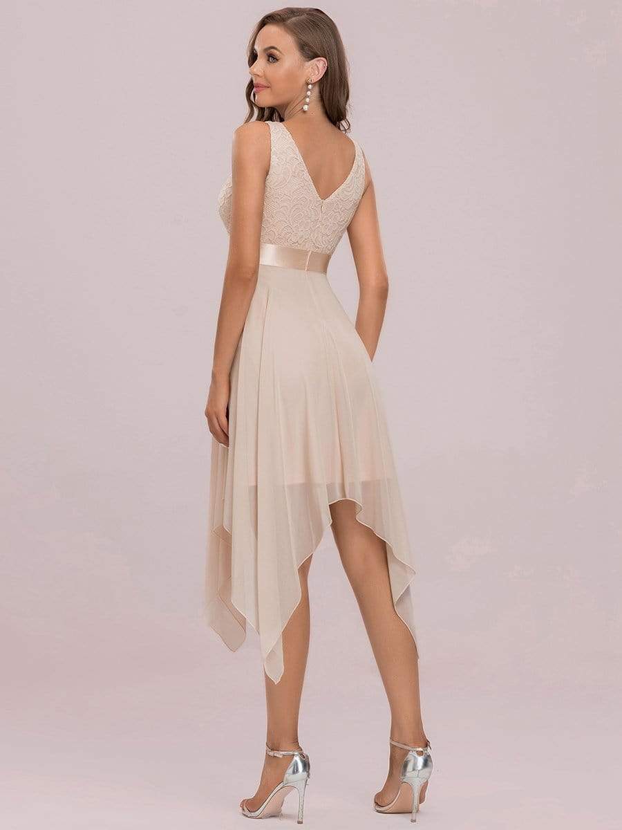 Stunning V Neck Lace Chiffon Bridesmaid Dress #color_Blush