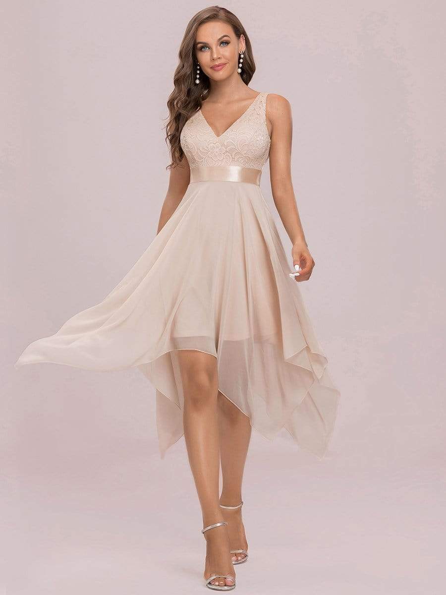 Stunning V Neck Lace Chiffon Bridesmaid Dress #color_Blush