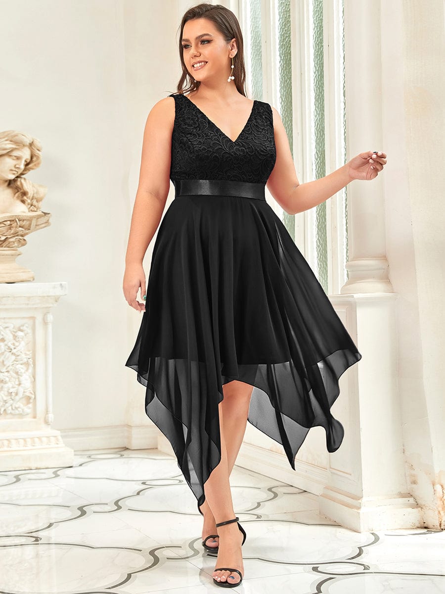 Stunning V Neck Lace Chiffon Dress in Black #color_Black