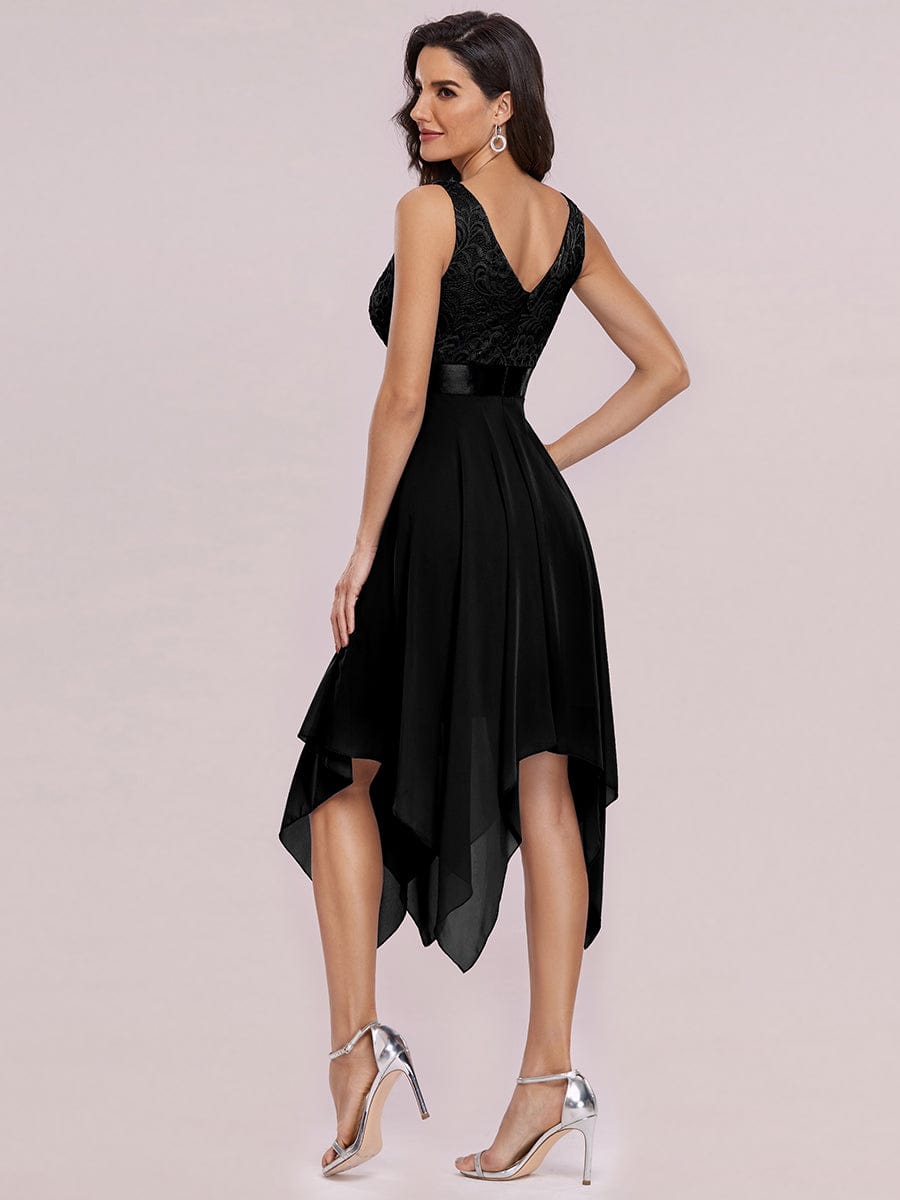 Stunning V Neck Lace Chiffon Dress in Black #color_Black