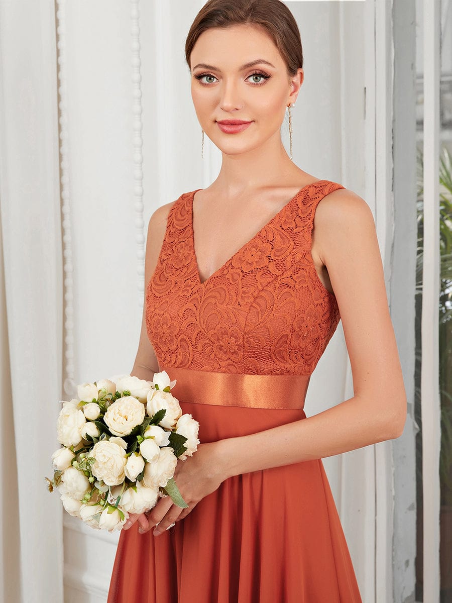 Stunning V Neck Lace Chiffon Bridesmaid Dress #color_Burnt Orange