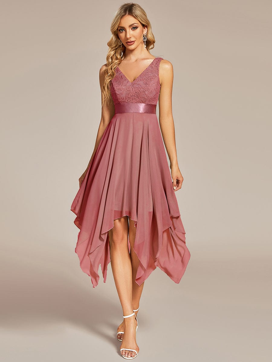 Stunning V Neck Lace Chiffon Bridesmaid Dress #color_Cameo Brown