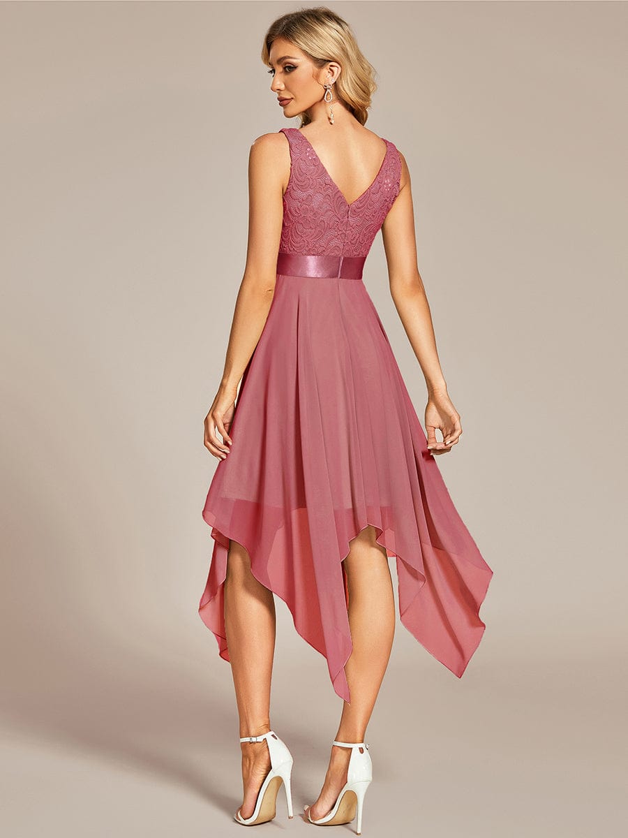 Stunning V Neck Lace Chiffon Bridesmaid Dress #color_Cameo Brown