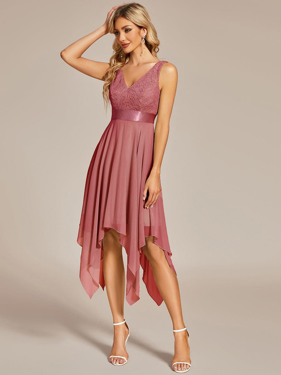 Stunning V Neck Lace Chiffon Bridesmaid Dress #color_Cameo Brown