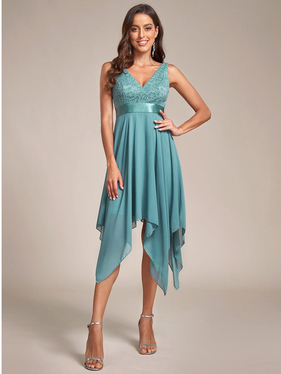 Stunning V Neck Lace & Chiffon Prom Dress for Women #color_Dusty Blue