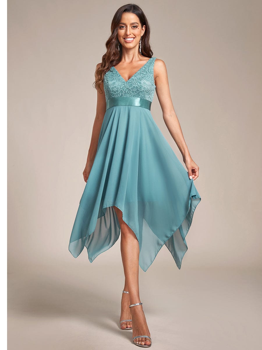 Stunning V Neck Lace & Chiffon Prom Dress for Women #color_Dusty Blue