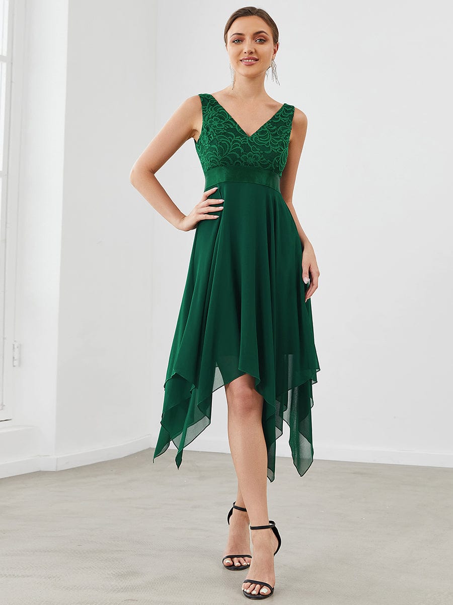 Stunning V Neck Lace Chiffon Bridesmaid Dress #color_Dark Green