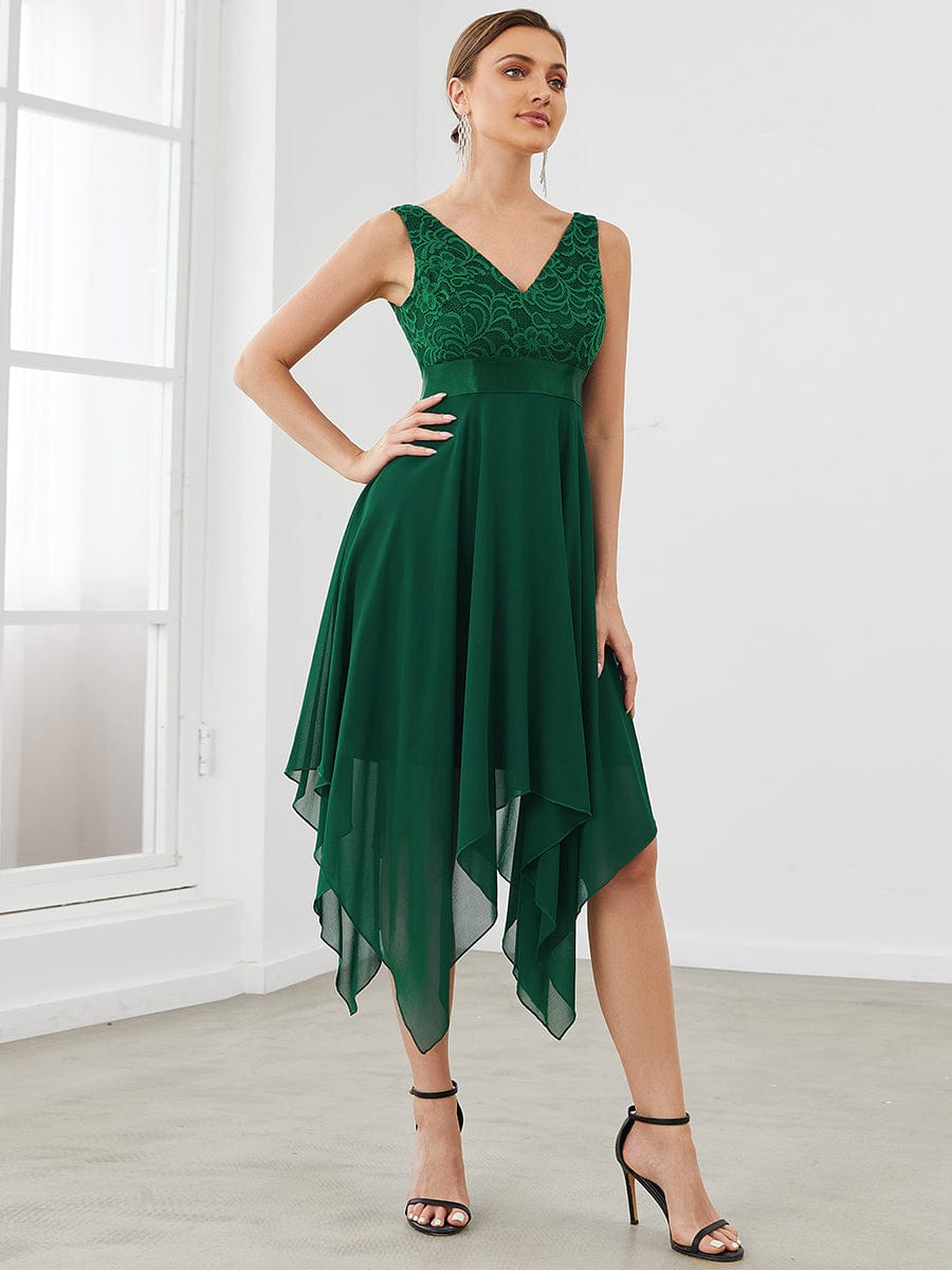 Stunning V Neck Lace Chiffon Bridesmaid Dress #color_Dark Green