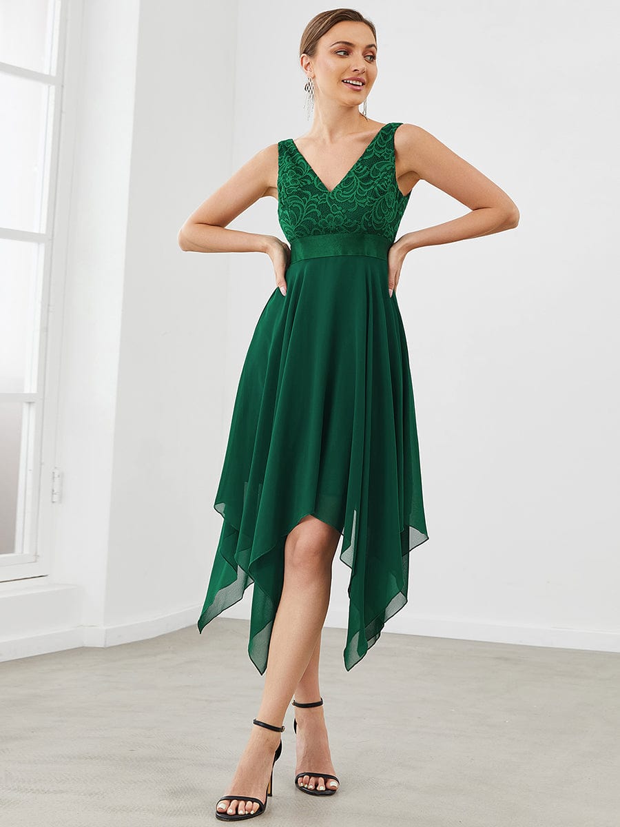 Stunning V Neck Lace Chiffon Bridesmaid Dress #color_Dark Green