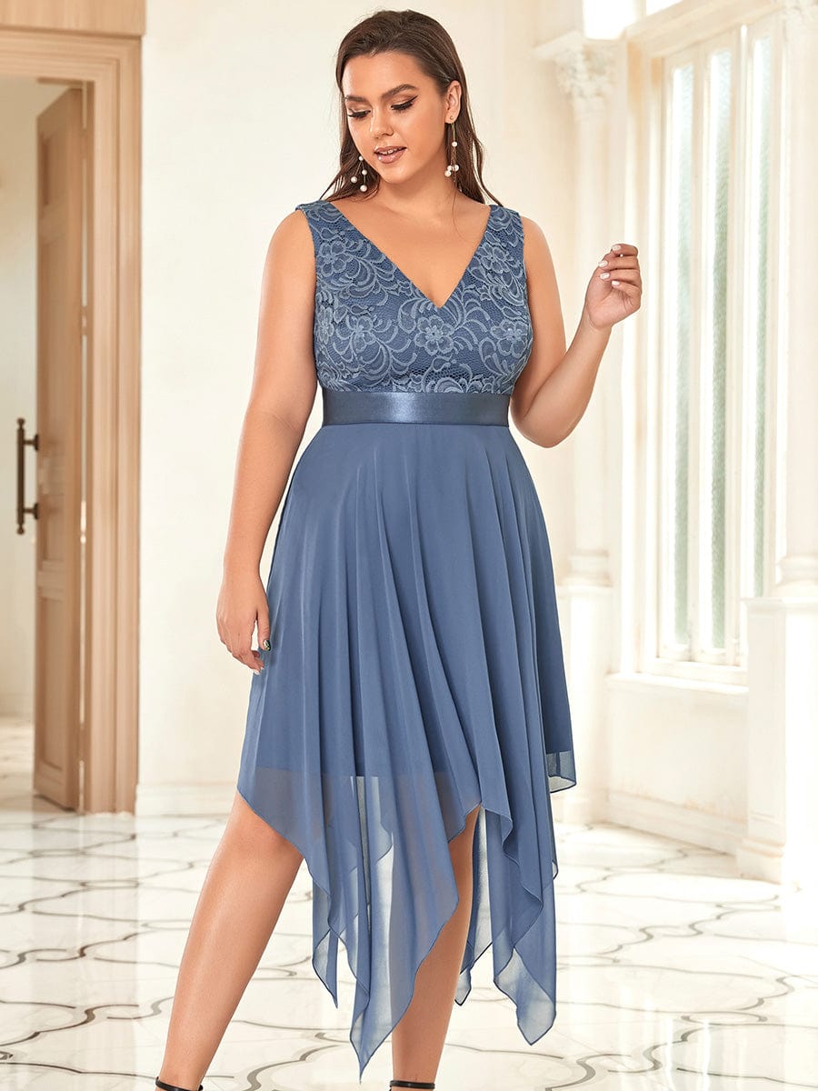 Stunning V Neck Lace Chiffon Bridesmaid Dress #color_Dusty Navy