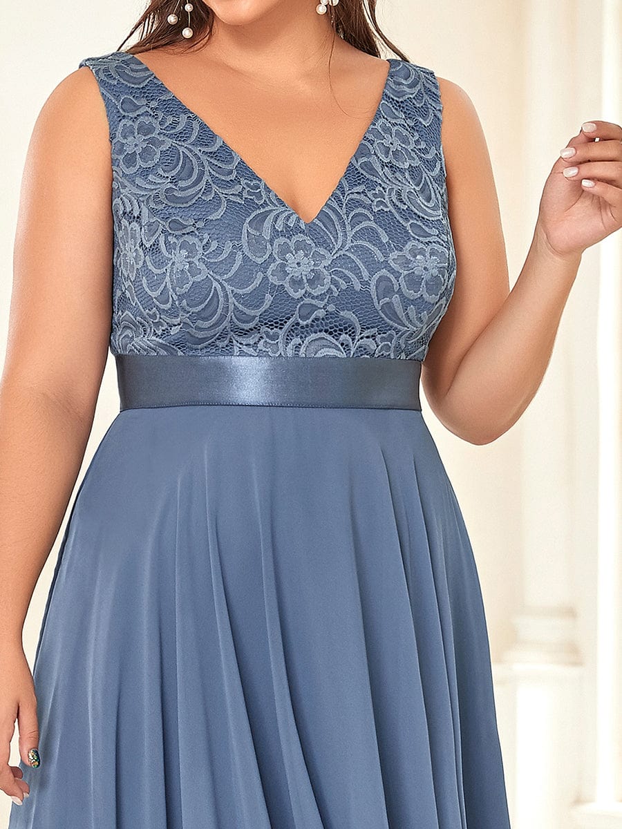 Stunning V Neck Lace Chiffon Bridesmaid Dress in Dusty Blue #color_Dusty Blue