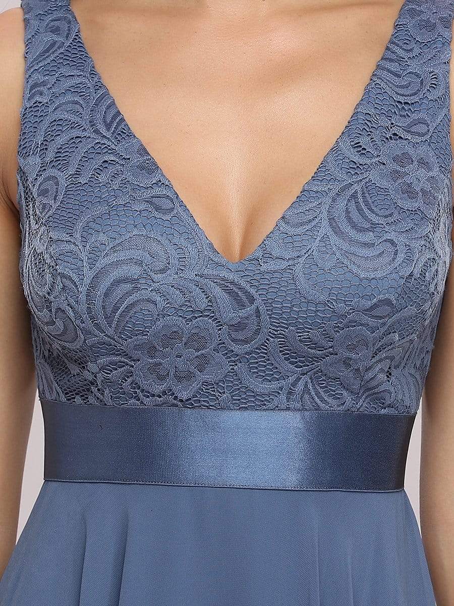 Stunning V Neck Lace Chiffon Bridesmaid Dress in Dusty Blue #color_Dusty Blue