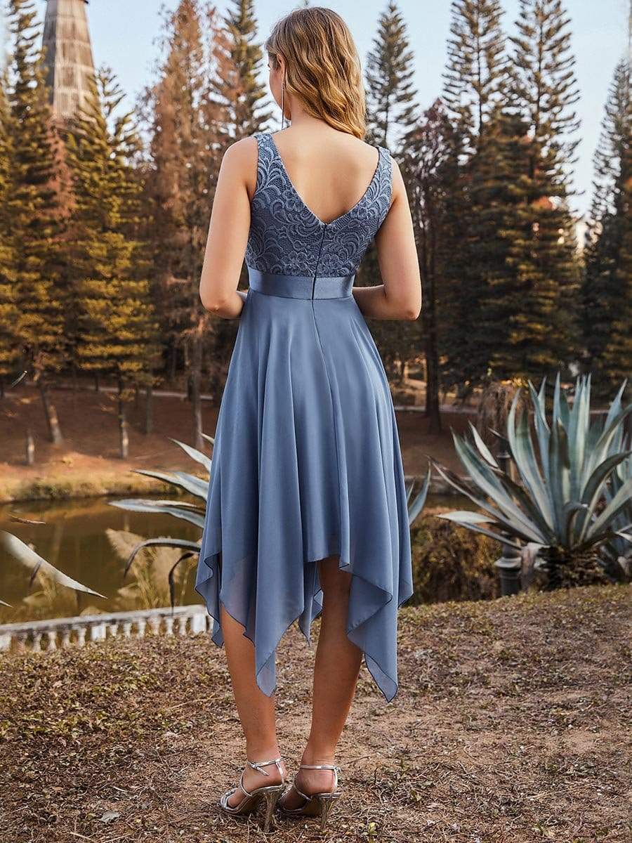 Stunning V Neck Lace Chiffon Bridesmaid Dress #color_Dusty Navy