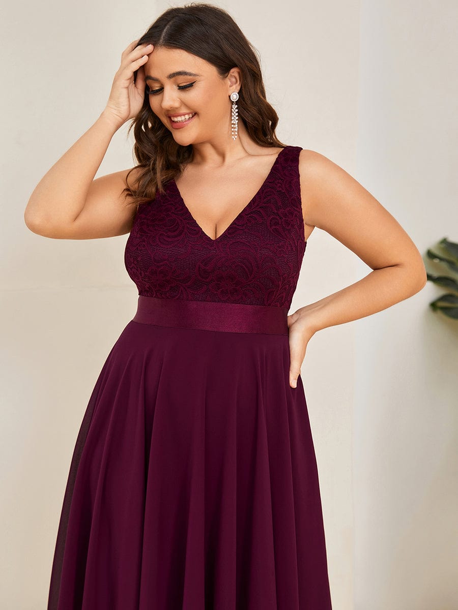 Stunning V Neck Lace Chiffon Bridesmaid Dress #color_Mulberry