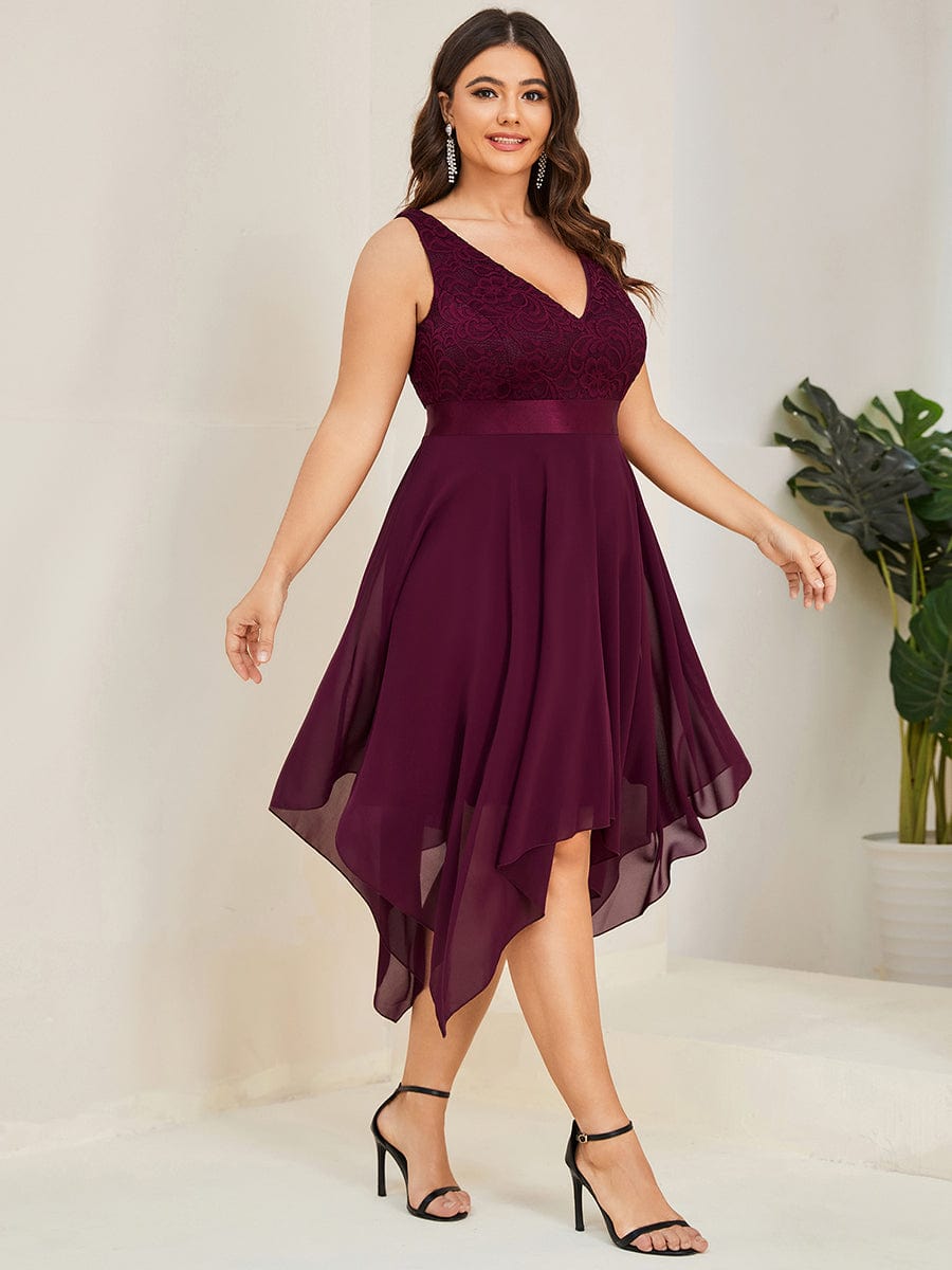 Stunning V Neck Lace Chiffon Bridesmaid Dress #color_Mulberry