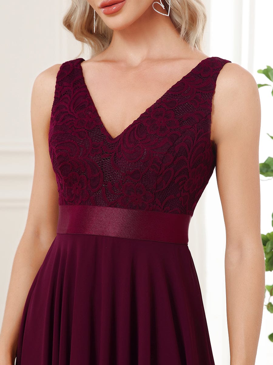 Stunning V Neck Lace Chiffon Bridesmaid Dress #color_Mulberry