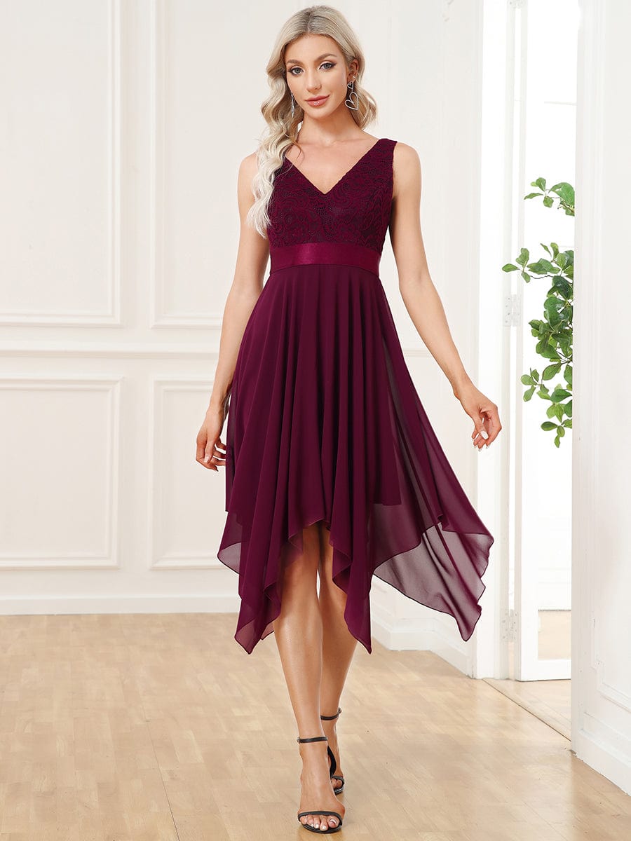 Stunning V Neck Lace Chiffon Bridesmaid Dress #color_Mulberry