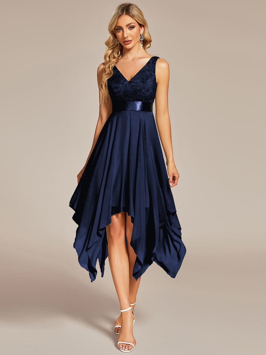 Stunning V Neck Lace Chiffon Bridesmaid Dress #color_Navy Blue