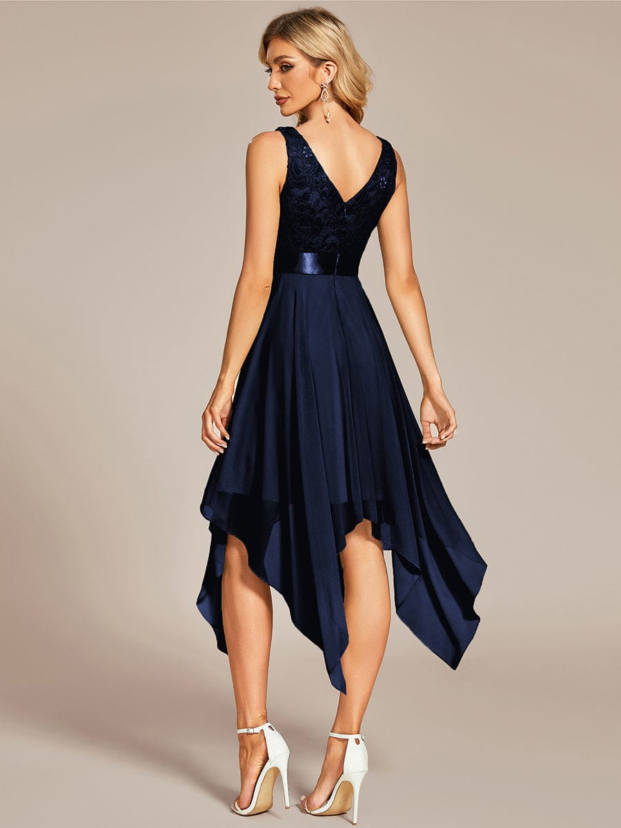 Stunning V Neck Lace Chiffon Bridesmaid Dress #color_Navy Blue