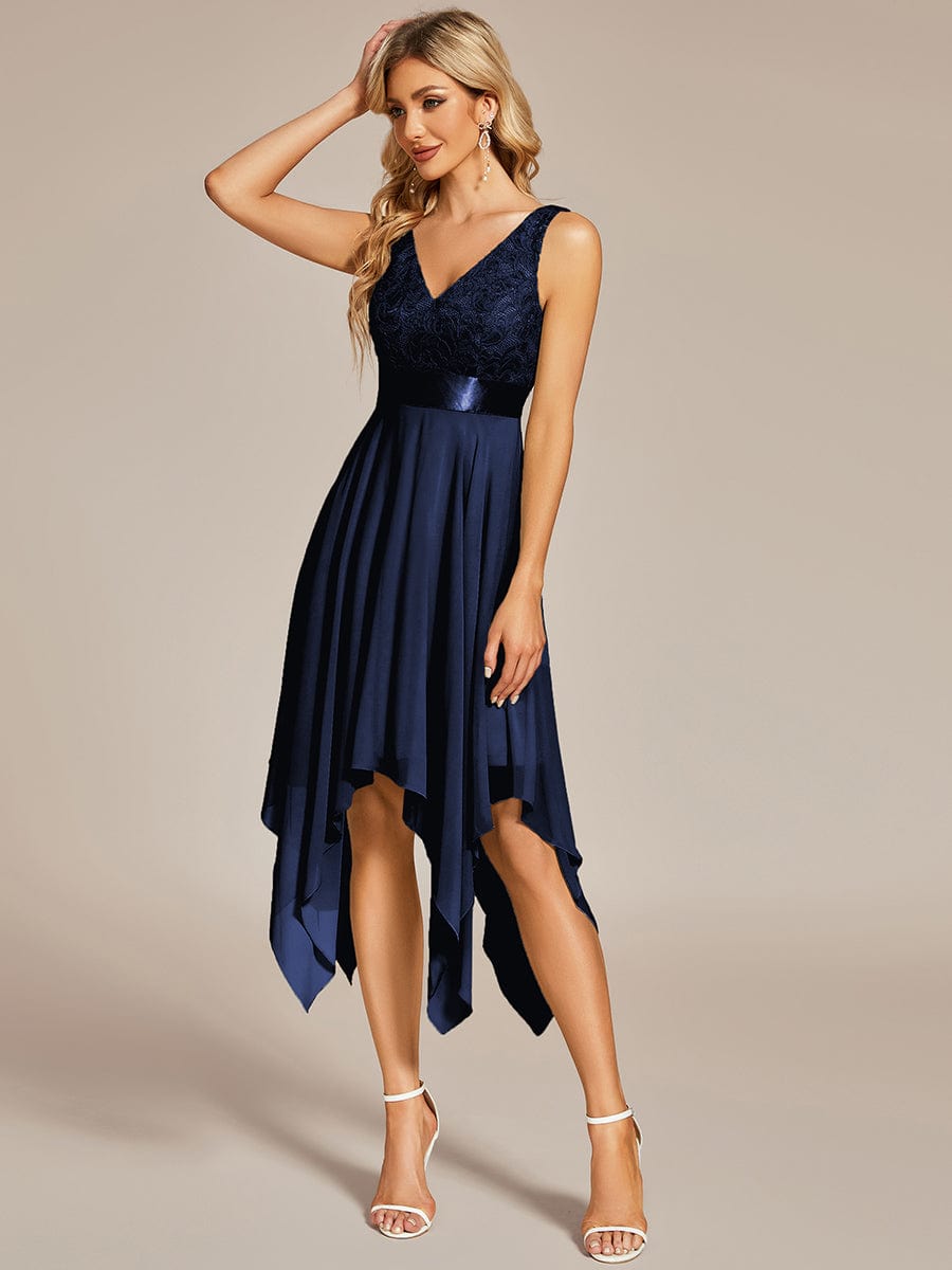 Stunning V Neck Lace & Chiffon Prom Dress for Women #color_Navy Blue