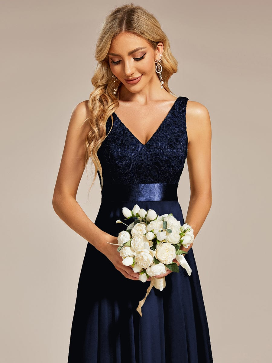 Stunning V Neck Lace & Chiffon Prom Dress for Women #color_Navy Blue