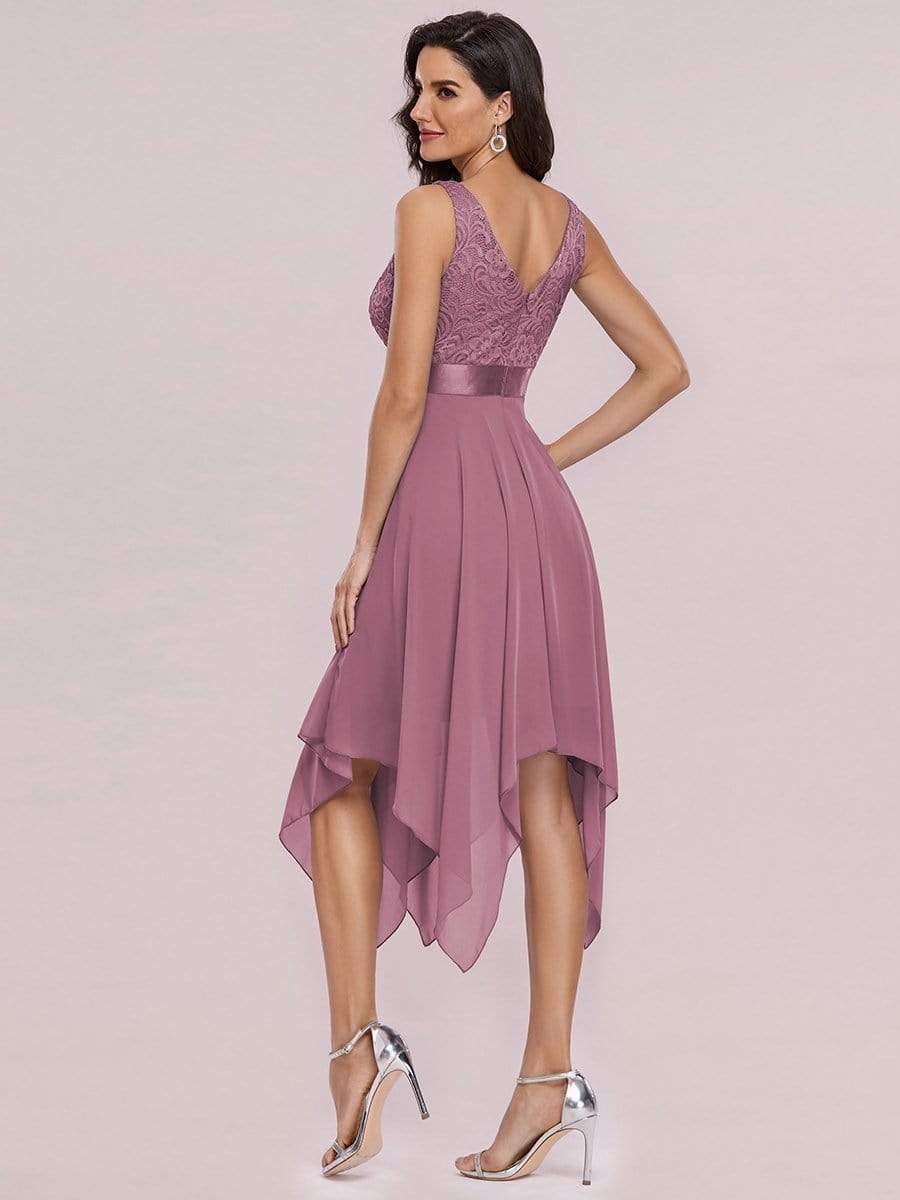 Stunning V Neck Lace Chiffon Bridesmaid Dress #color_Purple Orchid