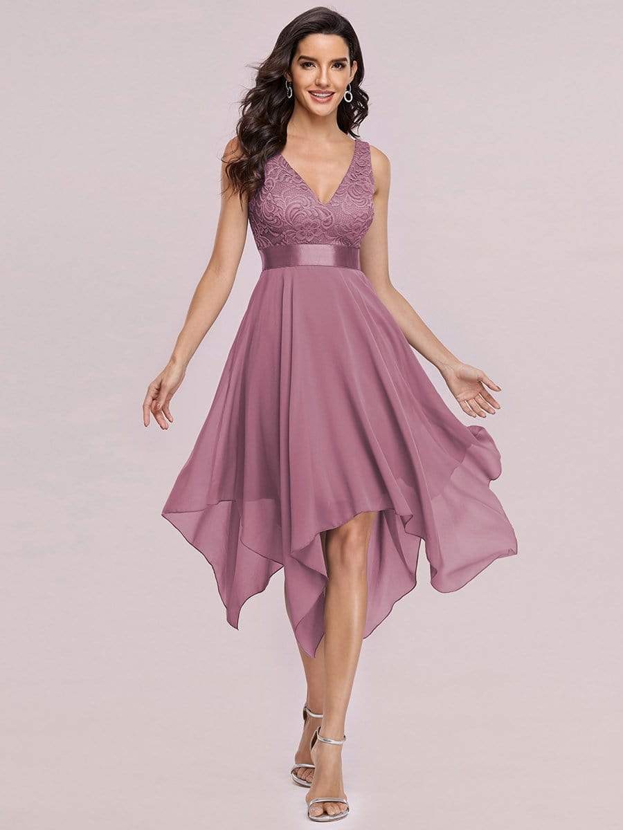 Stunning V Neck Lace Chiffon Bridesmaid Dress #color_Purple Orchid