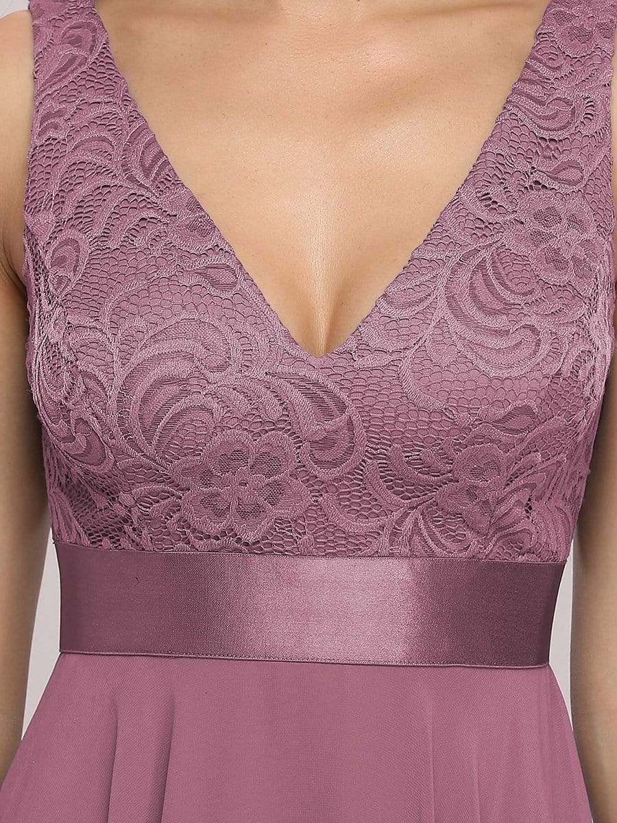 Stunning V Neck Lace Chiffon Bridesmaid Dress #color_Purple Orchid