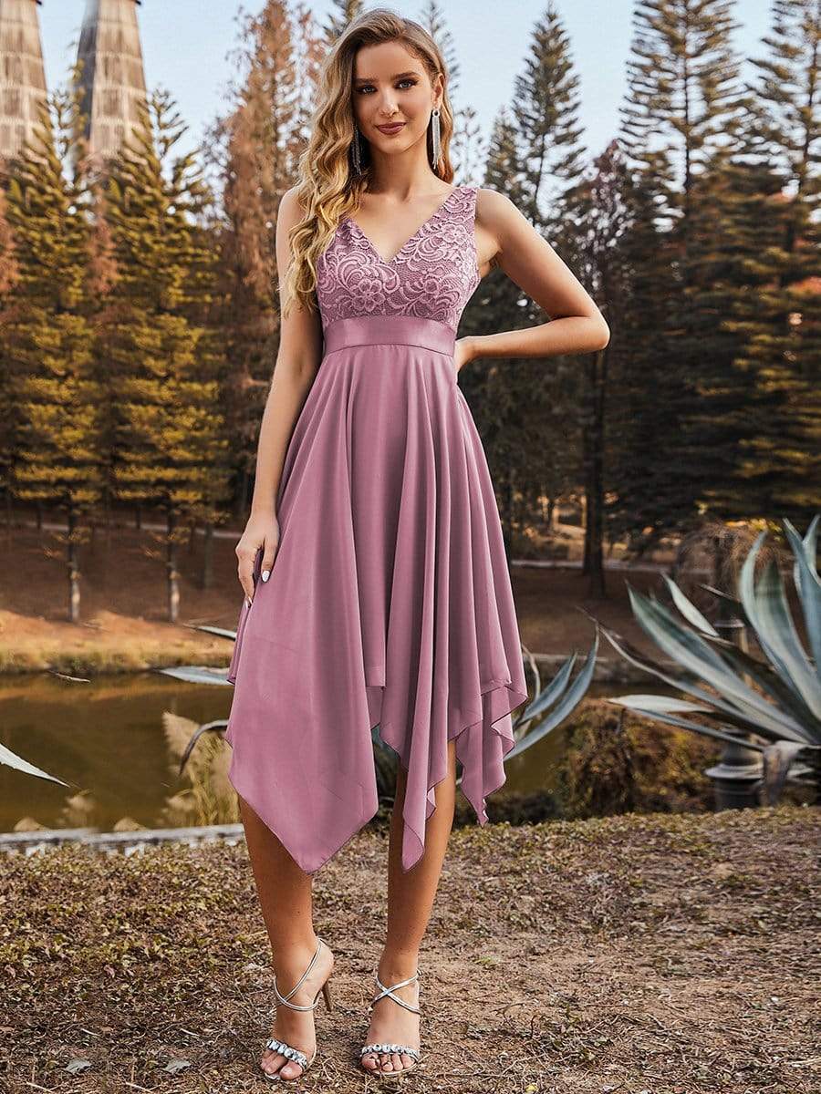 Stunning V Neck Lace Chiffon Bridesmaid Dress #color_Purple Orchid