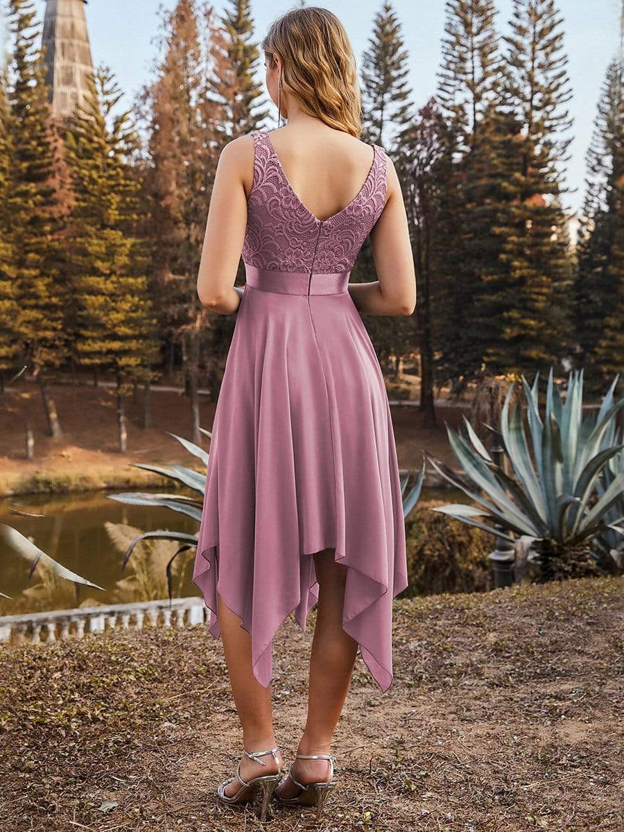 Stunning V Neck Lace Chiffon Bridesmaid Dress #color_Purple Orchid