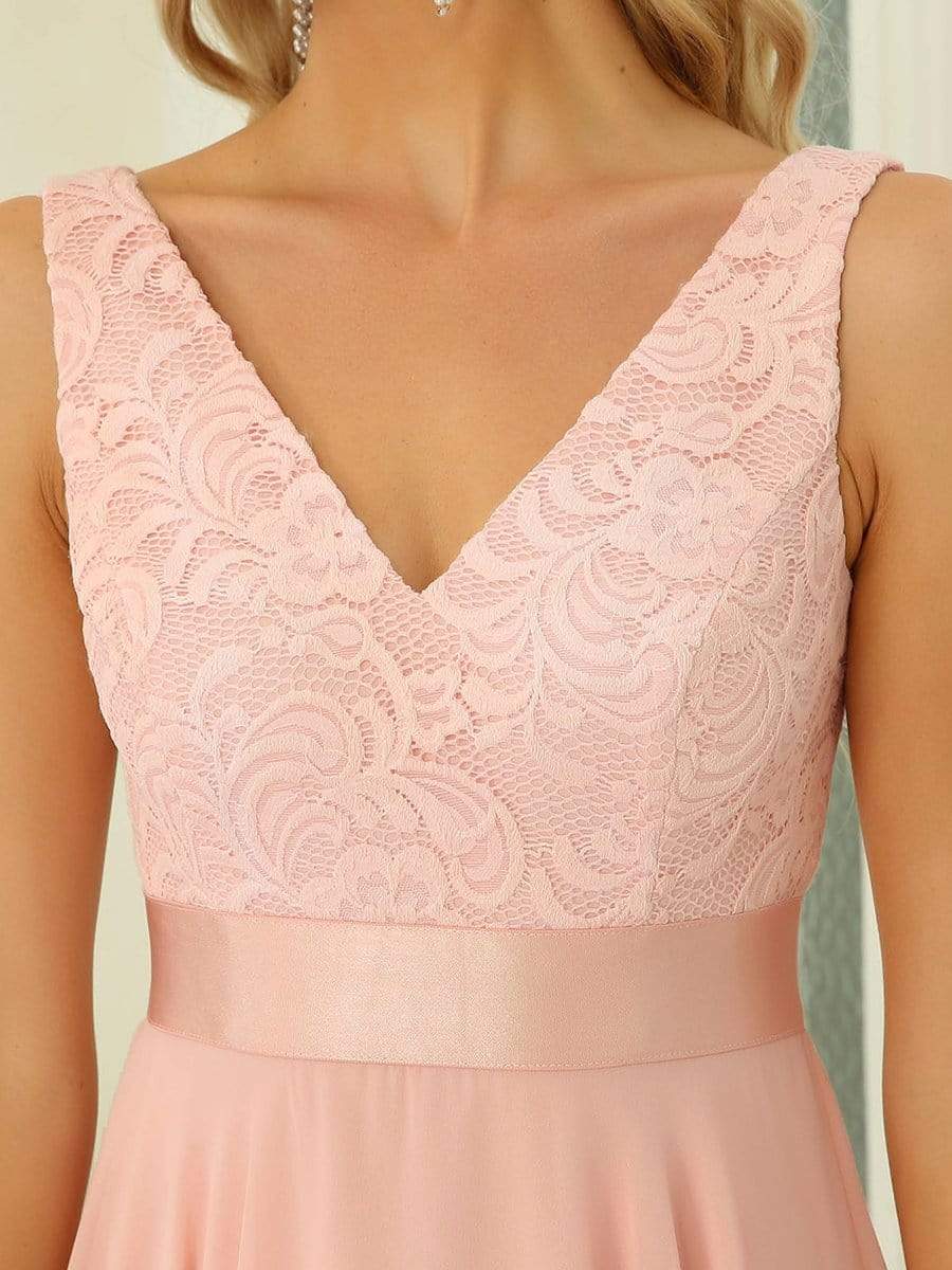 Stunning V Neck Lace Chiffon Bridesmaid Dress #color_Pink