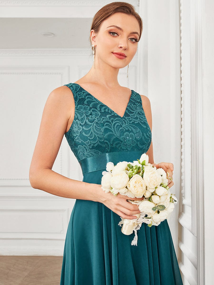 Stunning V Neck Lace Chiffon Bridesmaid Dress #color_Teal