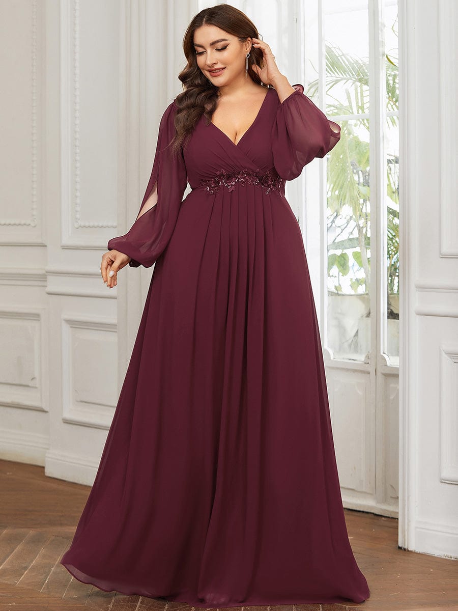 Stylish Chiffon Plus Size Evening Dresses with Long Lantern Sleeves #color_Burgundy