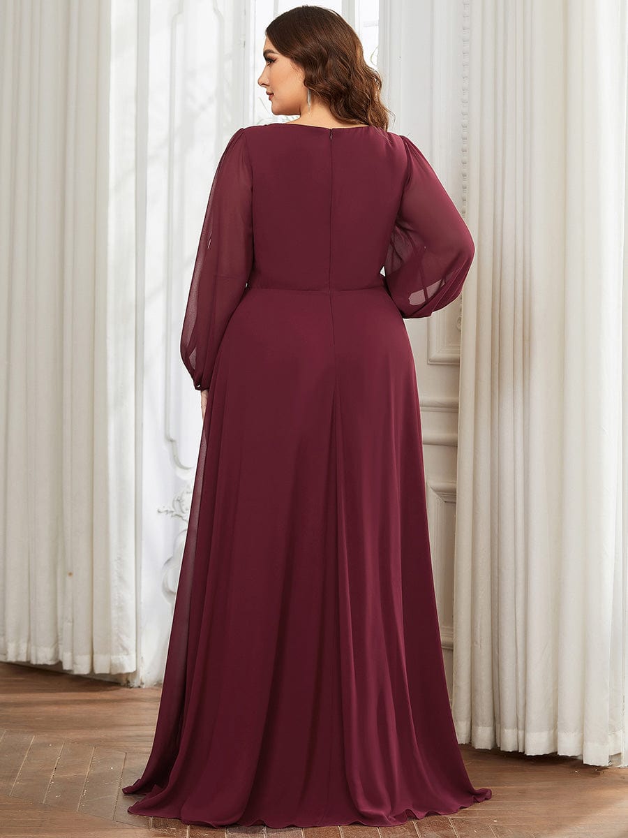 Lantern Long Slit Sleeve Deep V Applique Maxi Evening Dress #color_Burgundy