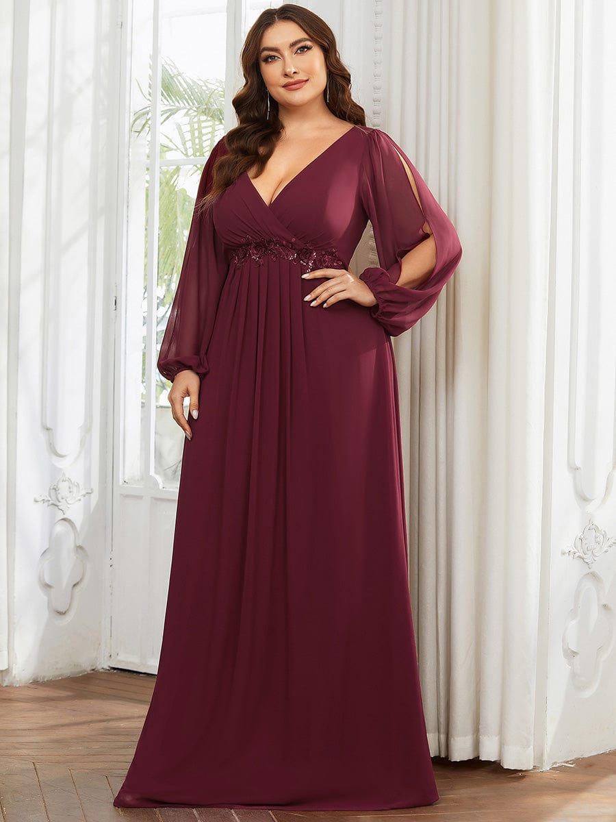 Stylish Chiffon Plus Size Evening Dresses with Long Lantern Sleeves #color_Burgundy