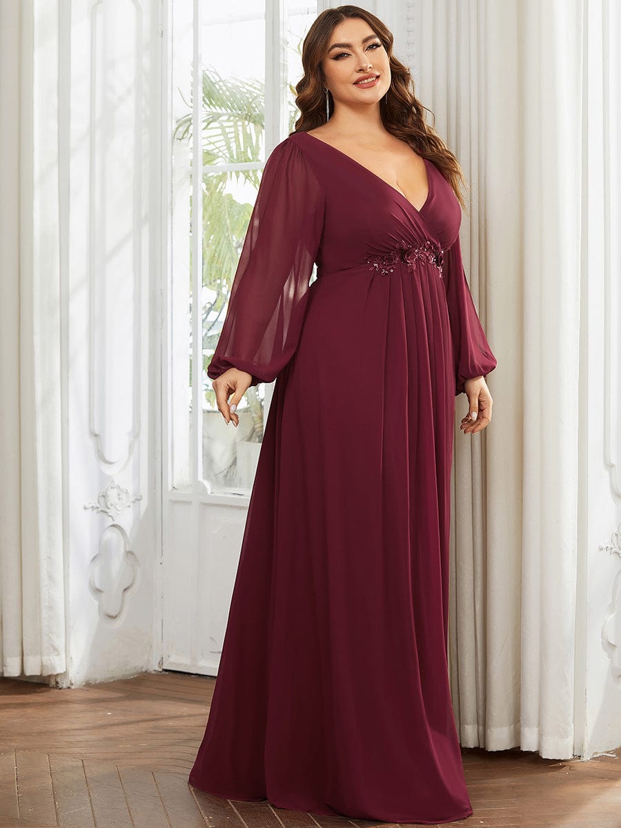 Lantern Long Slit Sleeve Deep V Applique Maxi Evening Dress #color_Burgundy