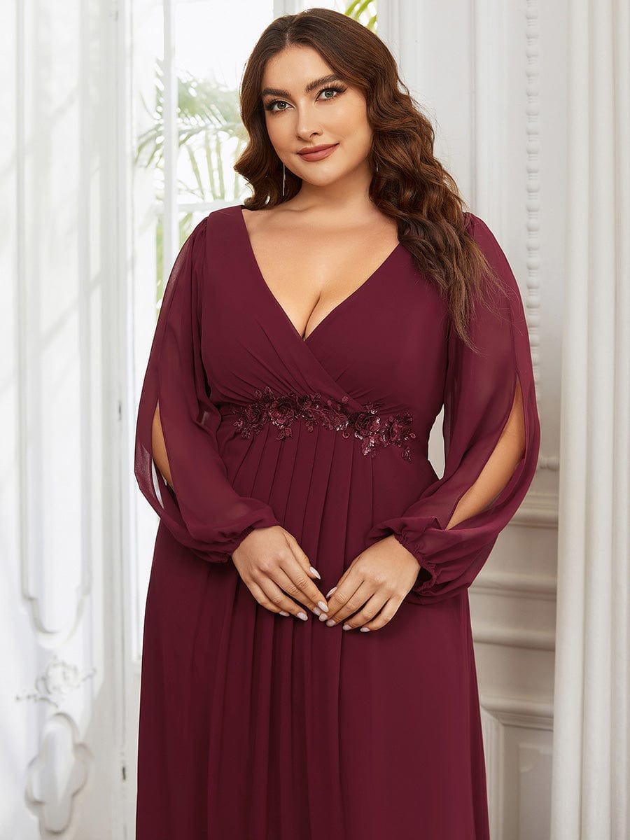 Lantern Long Slit Sleeve Deep V Applique Maxi Evening Dress #color_Burgundy