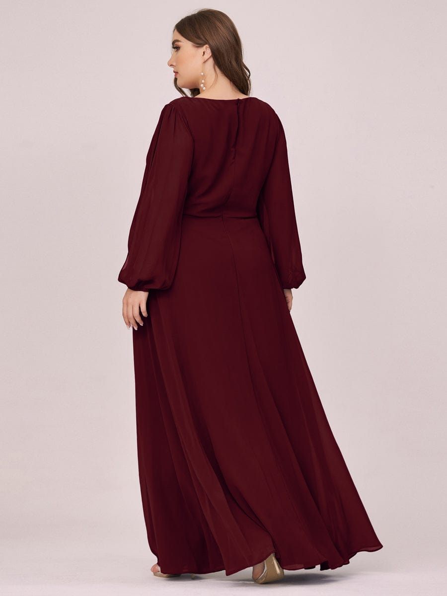 Lantern Long Slit Sleeve Deep V Applique Maxi Evening Dress #color_Burgundy