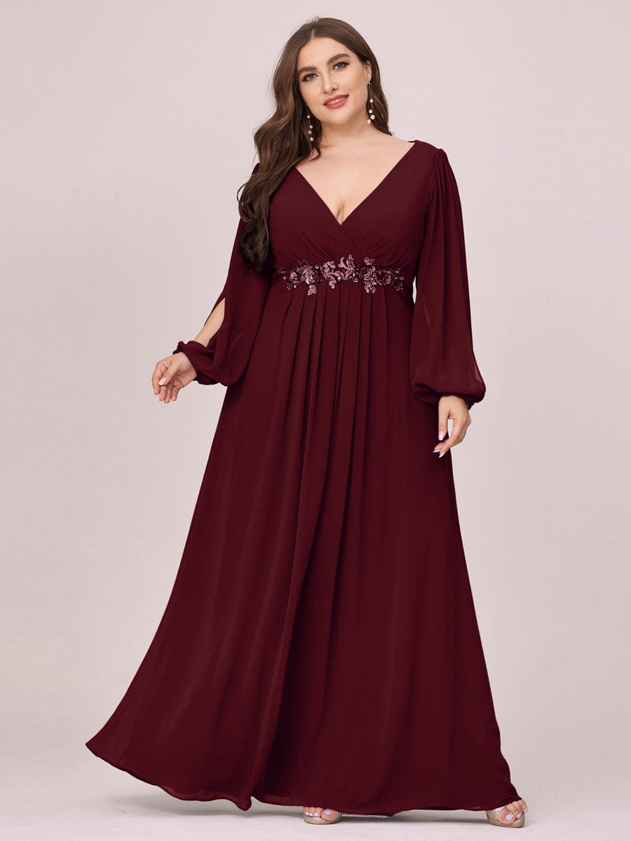 Lantern Long Slit Sleeve Deep V Applique Maxi Evening Dress #color_Burgundy